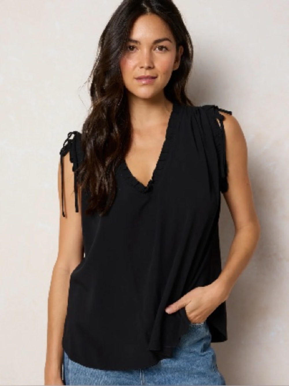 NATURAL LIFE Black Sleeveless V-Neck Tie-Shoulder Blouse